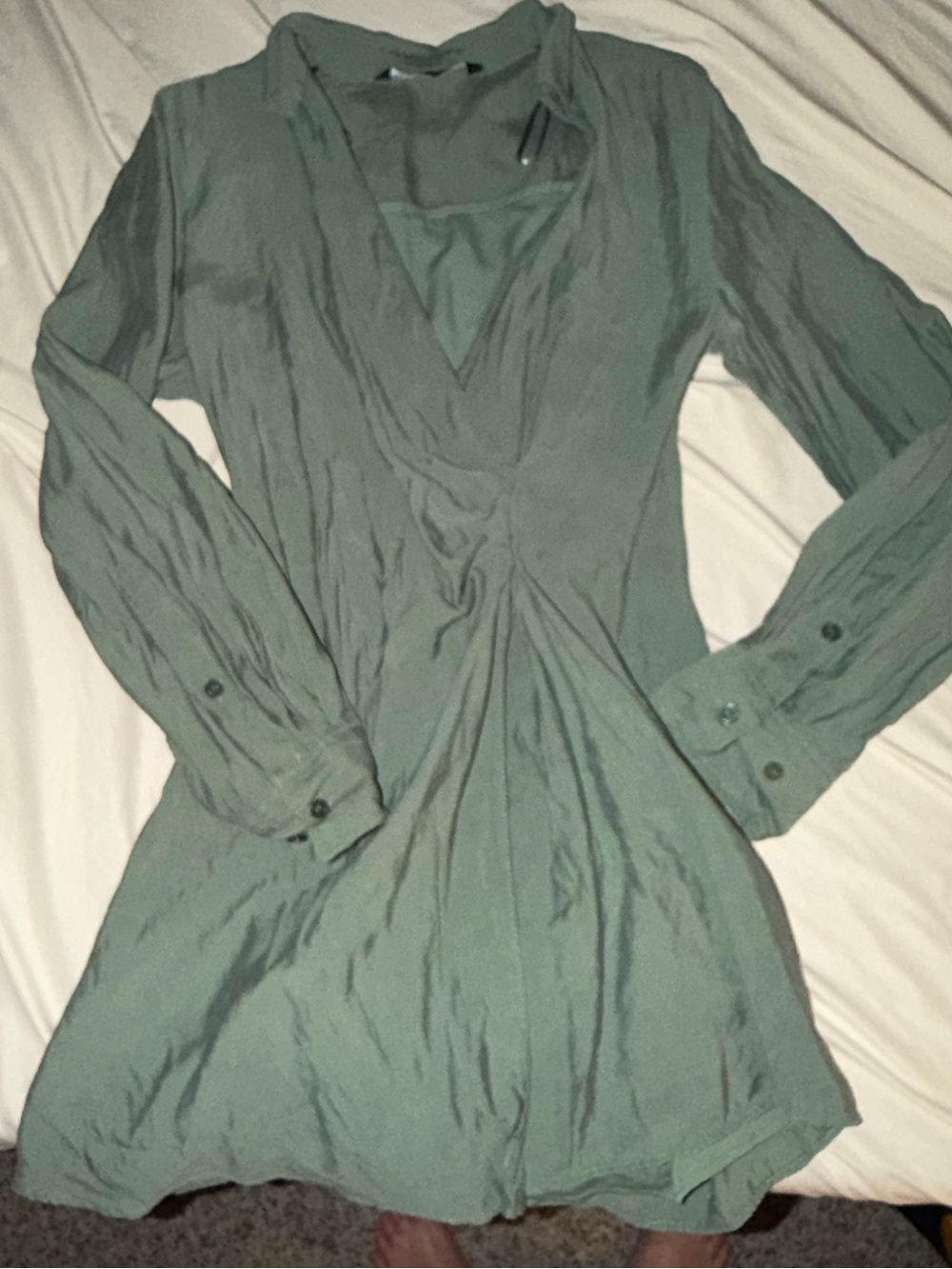 Zara Sage Green Long-Sleeve V-Neck Dress
